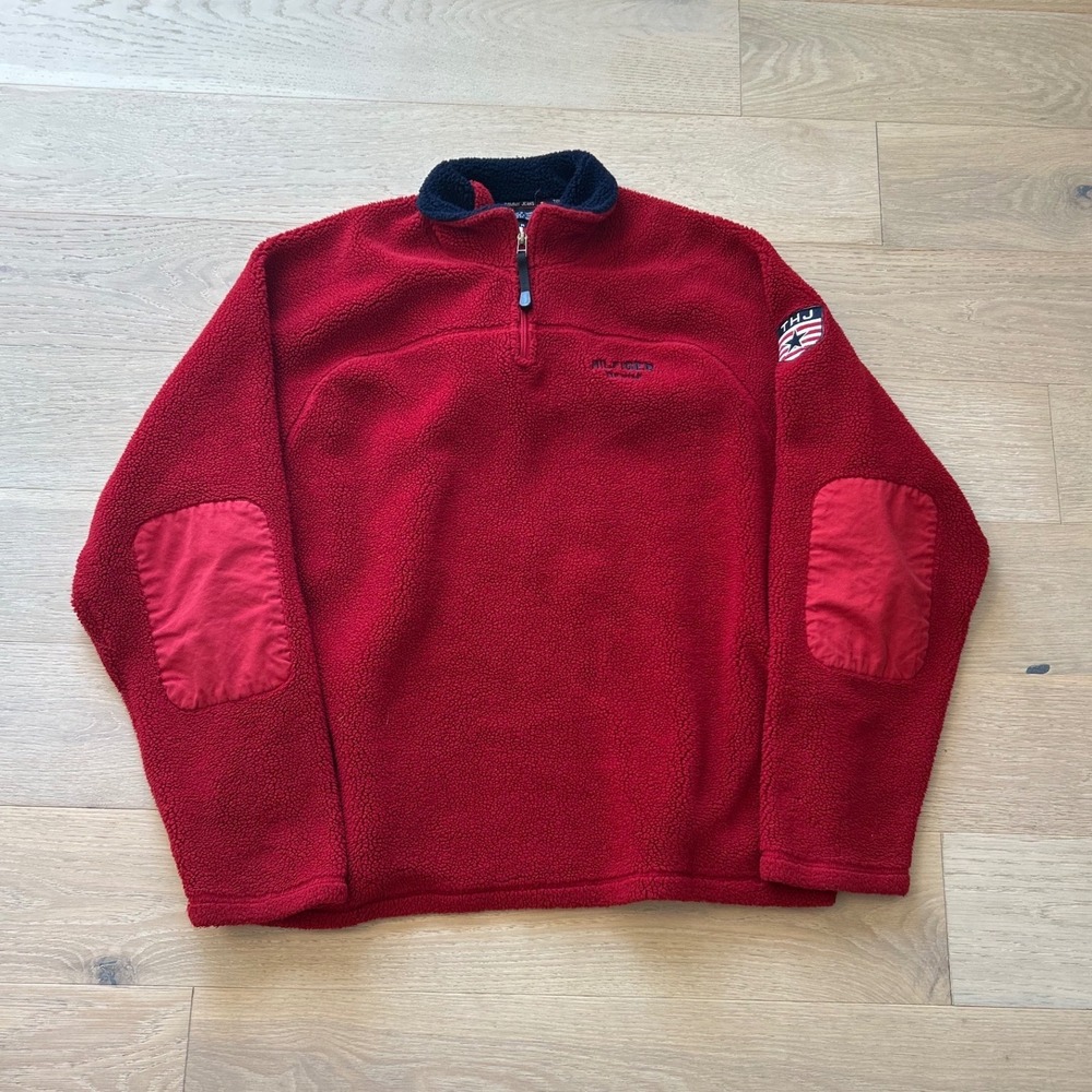 Tommy Jeans Mens XXL Red Quarter Zip Sherpa Fleece Pullover Elbow Patches 0677